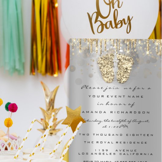 ドリップグリッターベビーシャワー足金ゴールドグレーガールボーイ 招待状