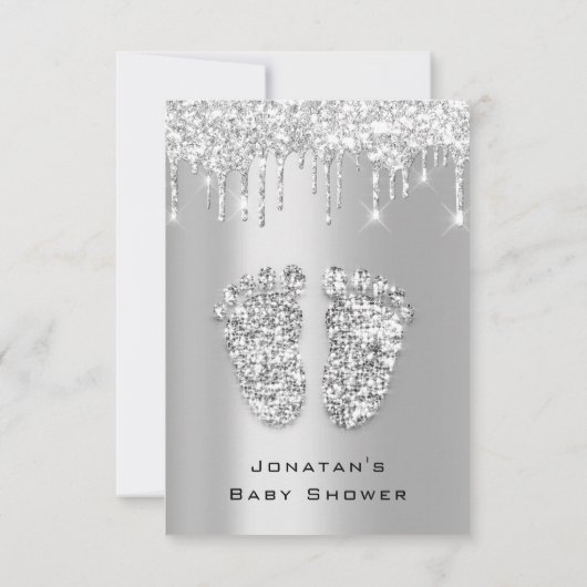 ドリップスグリッターベビーシャワー足シルバーグレーガールボーイ 招待状 (裏面)