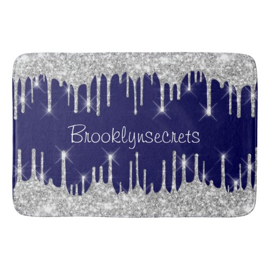 ドリップスグリッター効果ブルーネイビー勇気ネームシルバー バスマット (正面)