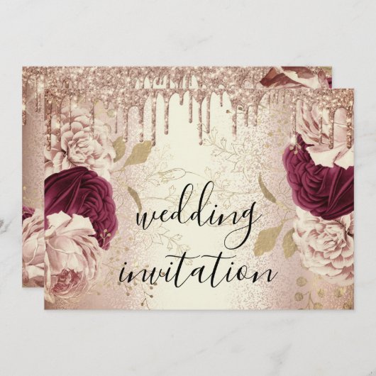 ドリップスマルサラ結婚のバラ金ゴールドバラブルゴーニュ 招待状 (正面/裏面)