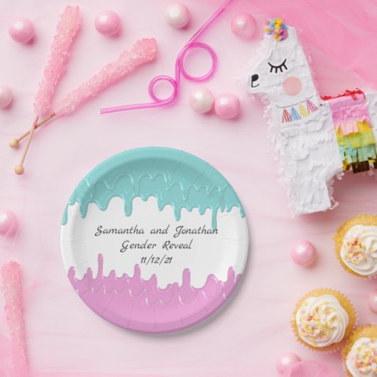 ドリップス絵を描ジェンダーがピンクの青を明らかにカスタム ペーパープレート (パーティー)