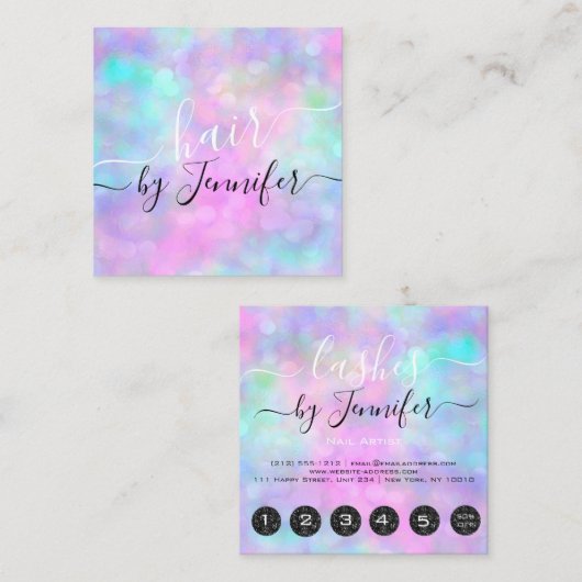 ドリップス6パンチ美容師メイクアップホログラフィック スクエア名刺 (正面/裏面)