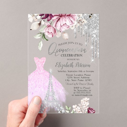 ドリップス,ドレス,エッフェルタワー薄紫バラキンセアニラ アクリル招待状 (インサイチュ (ポータブル))