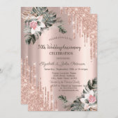 ドリップス、パームブランチ、ローズ ウェディング アニバーサリー 招待状 (正面/裏面)