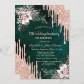 ドリップス、パーム葉バラ、グリーン結婚ズ記念日 招待状 (正面/裏面)