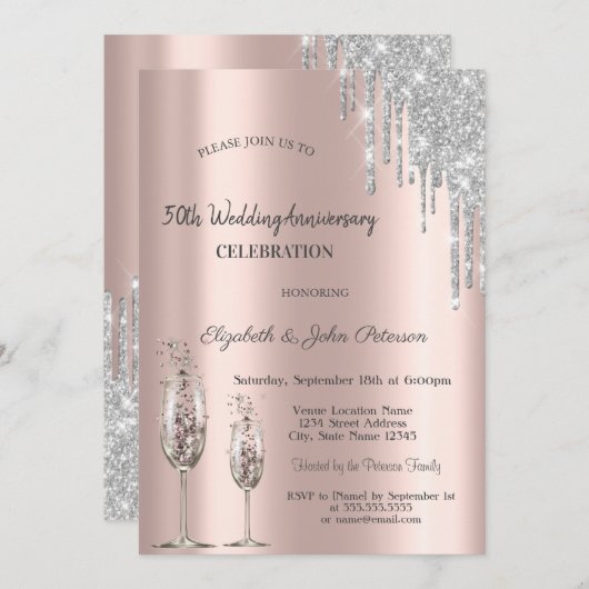 ドリップス ワイン グラス ローズ ゴールド 結婚記念日 招待状 (正面/裏面)