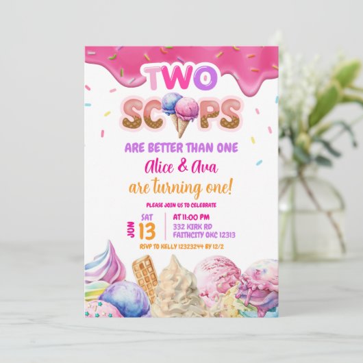ドリップツインズピンクアイスクリームガール誕生日 招待状 (スタンド正面)