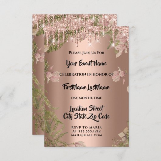 ドリップバラブライダル結婚ズリースウッドランドファーン 招待状 (正面/裏面)