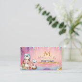 ドリップパステルピンク金ゴールドモノグラムビューティシアンシック 名刺 (スタンド正面)