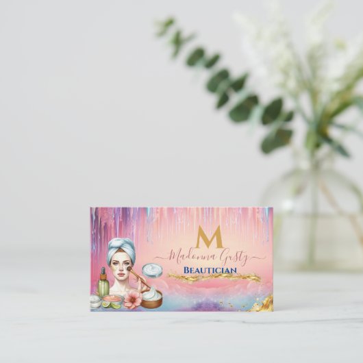 ドリップパステルピンク金ゴールドモノグラムビューティシアンシック 名刺 (スタンド正面)