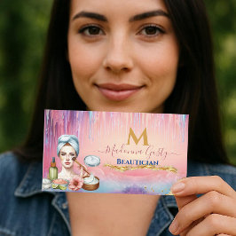 ドリップパステルピンク金ゴールドモノグラムビューティシアンシック 名刺