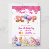 ドリップピンクアイスクリームガールバースデーパーティー 招待状 (正面)