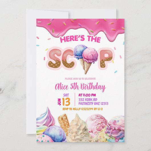 ドリップピンクアイスクリームガールバースデーパーティー 招待状 (正面)