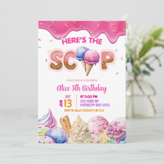 ドリップピンクアイスクリームガールバースデーパーティー 招待状 (スタンド正面)