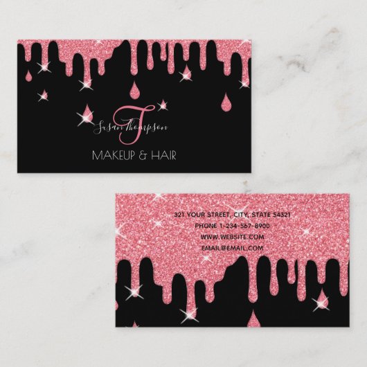 ドリップピンクグリッタースパークルメイクアップアーティストヘアサロン 名刺 (正面/裏面)