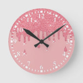 ドリップピンクグリッター効果のきらめき ラウンド壁時計 (正面)