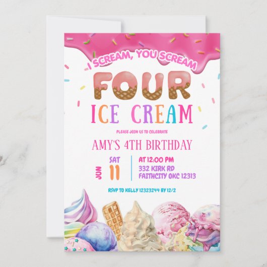 ドリップピンクスクリームフォーアイスクリームバースデーパーティー 招待状 (正面)
