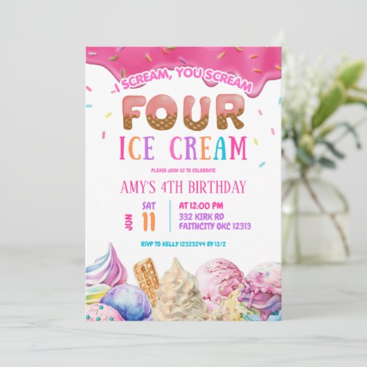 ドリップピンクスクリームフォーアイスクリームバースデーパーティー 招待状 (スタンド正面)