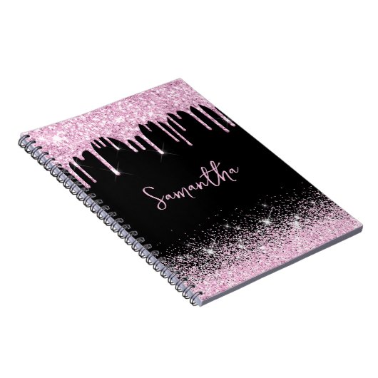 ドリップピンクブラックグリッターグラムネームノートブック ノートブック (右側)