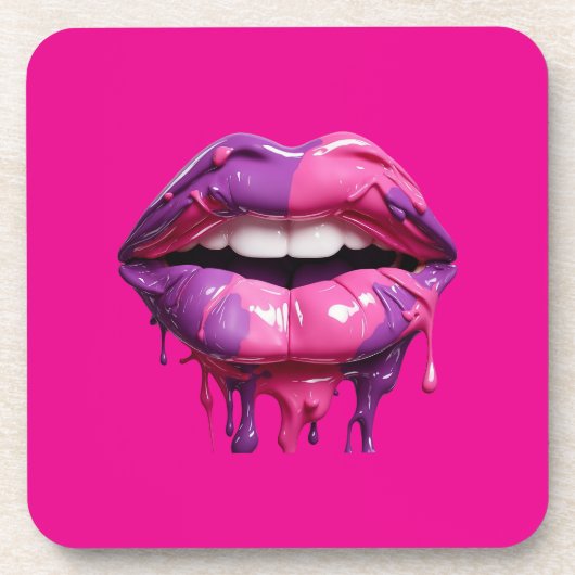 ドリッモダンプ・リップ・アートはっきりした – ピンクと紫 コースター (正面)