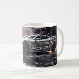ドリフト走行するシルバー高速スポーツカー コーヒーマグカップ