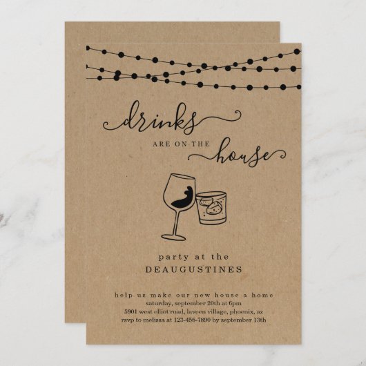 ドリンクおもしろいはオンザハウス引っ越し祝いパーティー招待状 招待状 (正面/裏面)