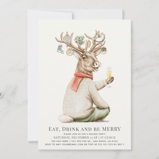 ドリンクおもしろいトナカイオーナメントクリスマスホリデー 招待状 (正面)
