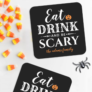 ドリンクと怖い食べタイポグラフィモダンハロウィン スクエアペーパーコースター