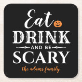 ドリンクと怖い食べタイポグラフィモダンハロウィン スクエアペーパーコースター (正面)