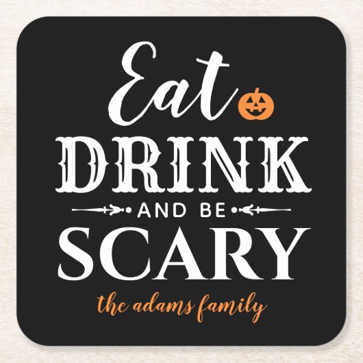ドリンクと怖い食べタイポグラフィモダンハロウィン スクエアペーパーコースター (正面)
