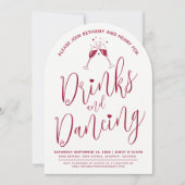 ドリンクと踊り結婚ポストのスクリプトワインレッド 招待状 (正面)