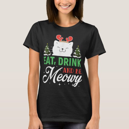 ドリンクと食べなるMeowy - おもしろい Christmas Cat Outfi Tシャツ (正面)