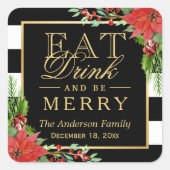 ドリンクと食べベメリークリスマス金ゴールドレタリング スクエアシール (正面)