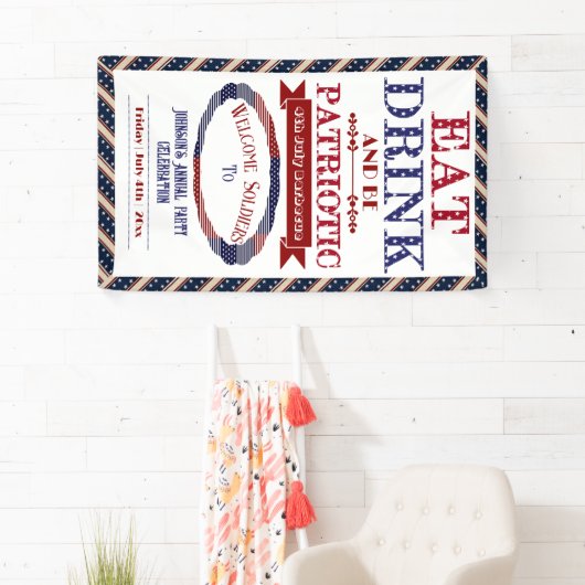 ドリンクと食べ愛国心を持つ7月4日ウェルカム・ソルジャー 横断幕 (インサイチュ)