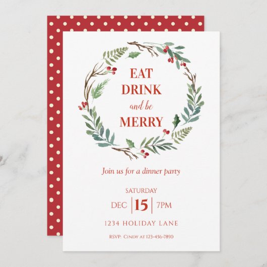 ドリンクと食べ楽しいクリスマスのディナーパーティー 招待状 (正面/裏面)