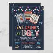 ドリンクと食べ醜いクリスマスのセーターのパーティー 招待状 (正面/裏面)