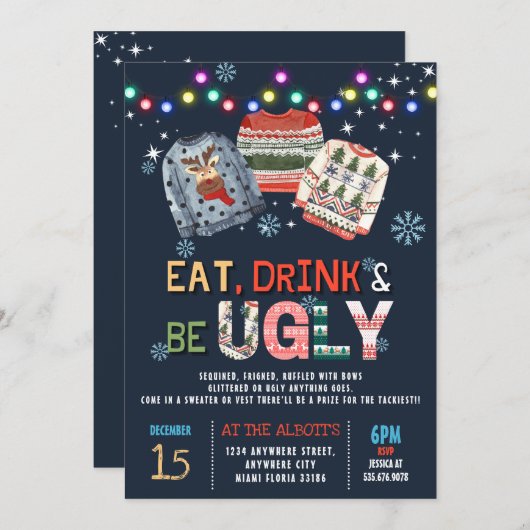 ドリンクと食べ醜いクリスマスのセーターのパーティー 招待状 (正面/裏面)