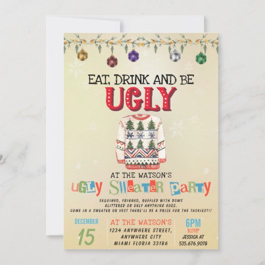 ドリンクと食べ醜いクリスマスのセーターのパーティー 招待状 (正面)