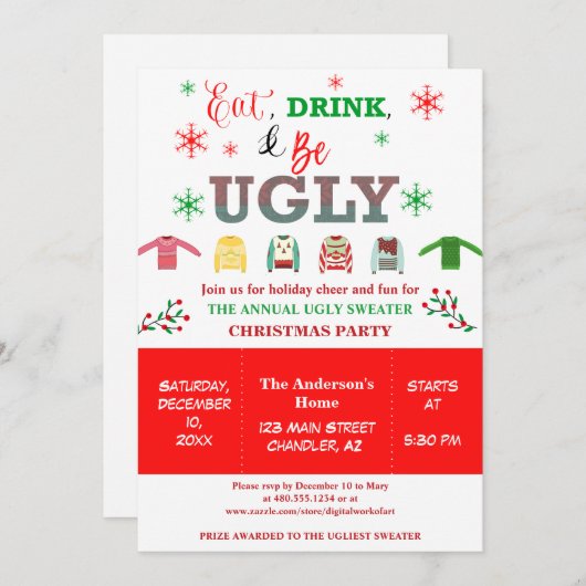 ドリンクと食べBe醜いクリスマス・ホリデー・パーティー 招待状 (正面/裏面)