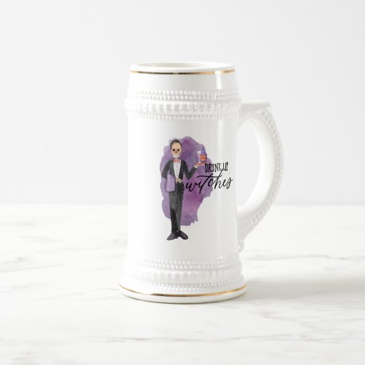 ドリンクアップウィッチズおもしろいワードプレイハローウィンパーティ ビールジョッキ (正面右)