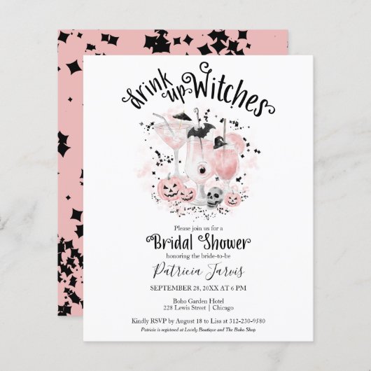 ドリンクアップウィッチズブライダルシャワー予算招待状 (正面/裏面)