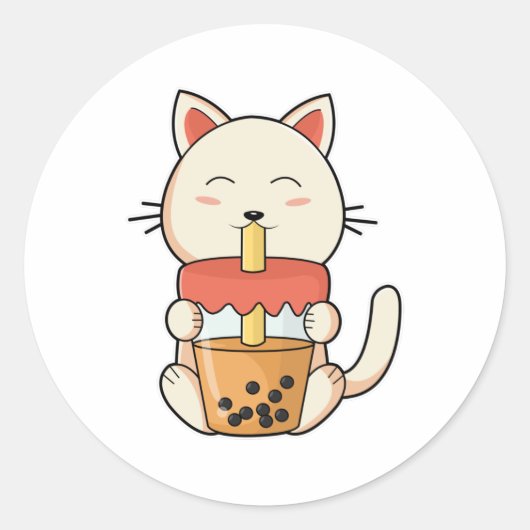 ドリンクストローで飲む猫 ラウンドシール (正面)