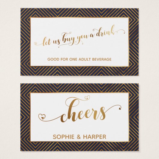 ドリンクチケット、金ゴールドハートスクリプト、ダイヤモンド、海軍 (正面&裏面)