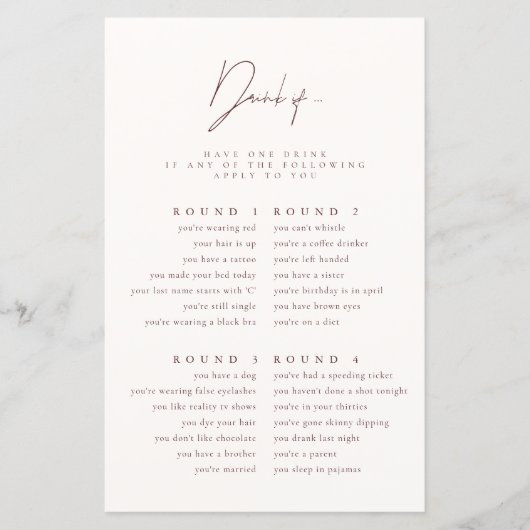 ドリンクミニマもしリストブルゴーニュブライダルシャワーゲーム (正面)