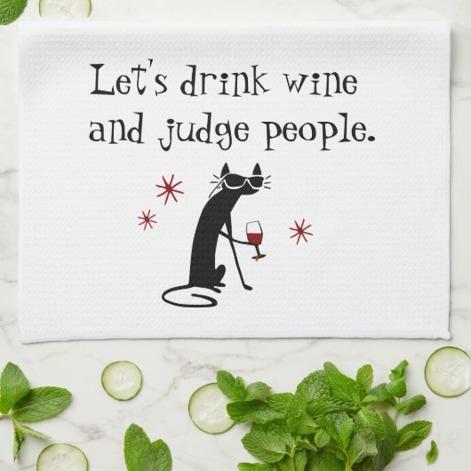 ドリンクワイン審査員おもしろい猫との引用文 キッチンタオル (折り畳み)