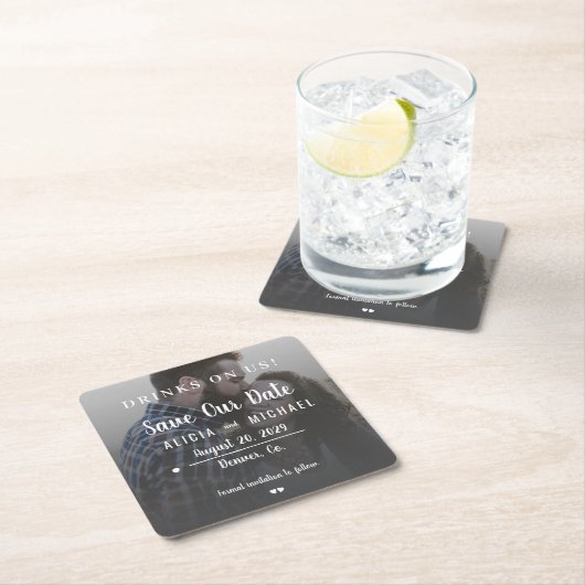 ドリンク私たちシンプルの写真の結婚式の日付のsqを保存 スクエアペーパーコースター (インサイチュ)