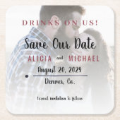 ドリンク私たちシンプルの写真の結婚式の日付を保存 スクエアペーパーコースター (正面)