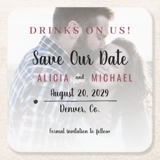 ドリンク私たちシンプルの写真の結婚式の日付を保存 スクエアペーパーコースター (正面)