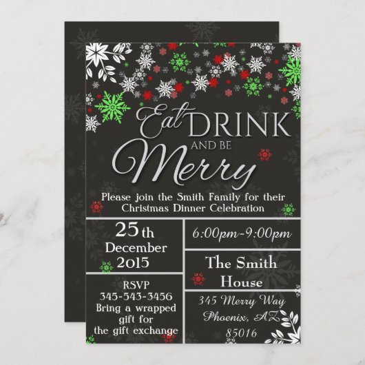 ドリンク食べとベメリーースノーフレークホリデークリスマス 招待状 (正面/裏面)