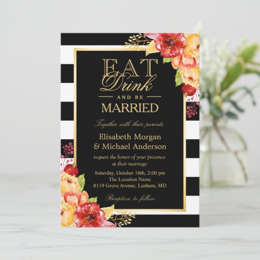 ドリンク食べとベーの金ゴールド結婚した秋の秋の結婚式 招待状 (スタンド正面)